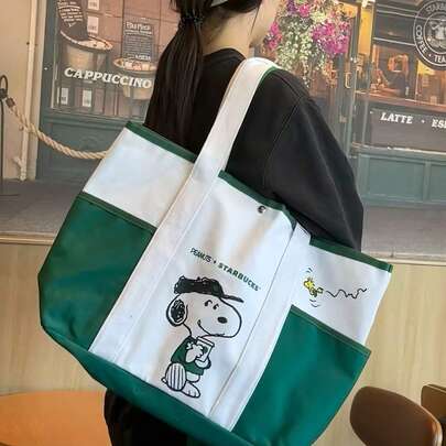1PC Snoopy New Cartoon Cute Snoopy Large Capacity Printed Casual Canvas Bag Commuter Student Shoulder Bag Suitable For Sunrise Travel, Outing, And Holiday Gifts Convenient To Carry With You (Random Style) Bag For School College Beach Bag Laptop Bag Laptop Case