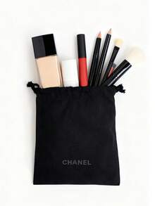 CHANEL Black Drawstring Soft Padded Makeup Bag, Flannel Fabric Cosmetic Storage Organizer, Multi-Functional Travel Pouch - Black - View 3