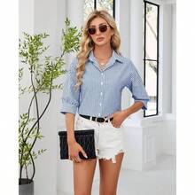 - Camisas de vestir con botones para mujer, manga 3/4, sin arrugas, casual, cuello de oficina, trabajo - M + Azul - Ver 4