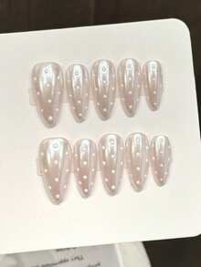 10片手工美甲贴片，杏仁形，中号，柔和白色，白色波点，纯色，铬色，简约优雅的手工秋季美甲，秋季美甲贴片，情人节美甲，Y2K风格，节日美甲，派对美甲，日常约会美甲，海滩热带度假美甲适用，DIY假指甲，适合女性和女孩作为礼物，美甲用品 - 白色 - 查看 9