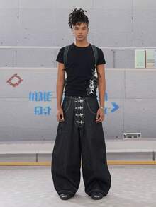 1 件个性化设计飞机扣牛仔裤，男士休闲宽松直筒裤，日本街头风格，水洗宽松长裤（不含腰带和配饰） - 黑色 - 查看 4