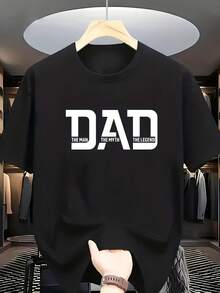 Crew Neck Short Sleeve T-Shirt| "DAD THE MAN THE MYTH THE LEGEND" Print, Casual Style, Slight Stretch Fabric, Ideal For Summer - Black - View 2