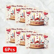 1 pieza/4 piezas/6 piezas Manteles individuales de lino con estampado de tema de cumpleaños, adecuados para mesa de comedor, decoración para todas las estaciones, manteles de mesa lavables modernos, decoración de habitación, posavasos, manteles de cocina y comedor, decoración de fiesta interior y exterior, decoración del hogar, regalo ideal - Multicolor - Ver 19