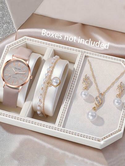 Set de 5 relojes de cuarzo con correa de acero redonda para mujer, versátil reloj con esfera de diamante redonda, se puede combinar con pulseras, collares, aretes, anillos y otras joyas para formar un conjunto de joyas, adecuado para uso diario, eventos formales y otras ocasiones, también se puede usar para decoraciones navideñas.