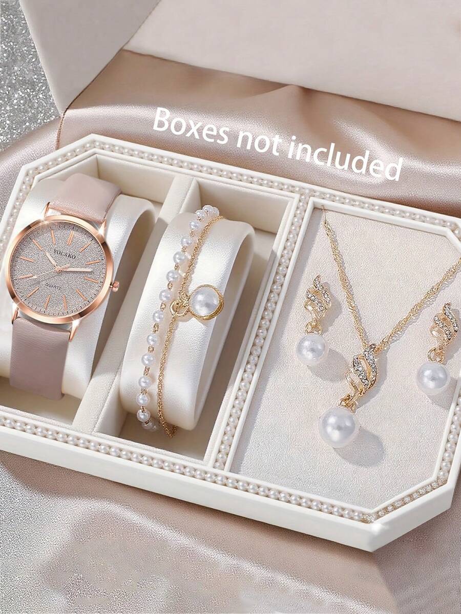 5 Stücke/Set Modische Damen Quarzuhr mit rundem Stahlarmband, vielseitige Uhr mit rundem Diamantenzifferblatt, kann mit Armbändern, Halsketten, Ohrringen, Ringen und anderem Schmuck zu einem Schmuckset kombiniert werden, geeignet für den täglichen Gebrauch, formelle Anlässe und andere Gelegenheiten, kann auch für Feiertagsdekorationen verwendet werden. - Violett - Übersicht 1