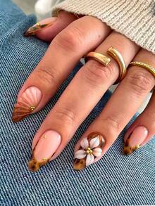 Bộ 10 miếng dán móng tay ngắn thủ công, bao gồm các kiểu móng Y2K, móng Pháp, móng hạnh nhân, móng nâu, móng trắng, móng đen, móng họa tiết da báo, móng vàng kim, móng vàng, được làm thủ công bằng gel, trang trí bằng hoa 5 cánh màu trắng chạm khắc thủ công đính đá, kèm theo dụng cụ làm móng, phù hợp cho phụ nữ và các cô gái sử dụng hàng ngày trong mùa thu/đông. - Màu nâu  Mocha - Xem 1