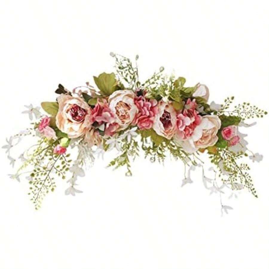 Flores de arco, guirnalda floral artificial para decoración de puerta delantera, de boda, flores rústicas florales artificiales para puerta, dintel, hojas verdes, rosa, peonía,(A) - Multicolor - Ver 1