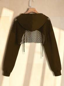 时尚女士运动短款网眼拼接宽松卫衣，透气纯色休闲夏季款 - 棕色 - 查看 2