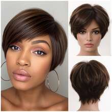Synthetic Hair Brown With Brown Highlights Short Layered Bob Wig - Stylish & Sleek Style Suitable For Women, Ideal For Daily Wear Or Special Occasions - 挑染棕色 - 查看 1