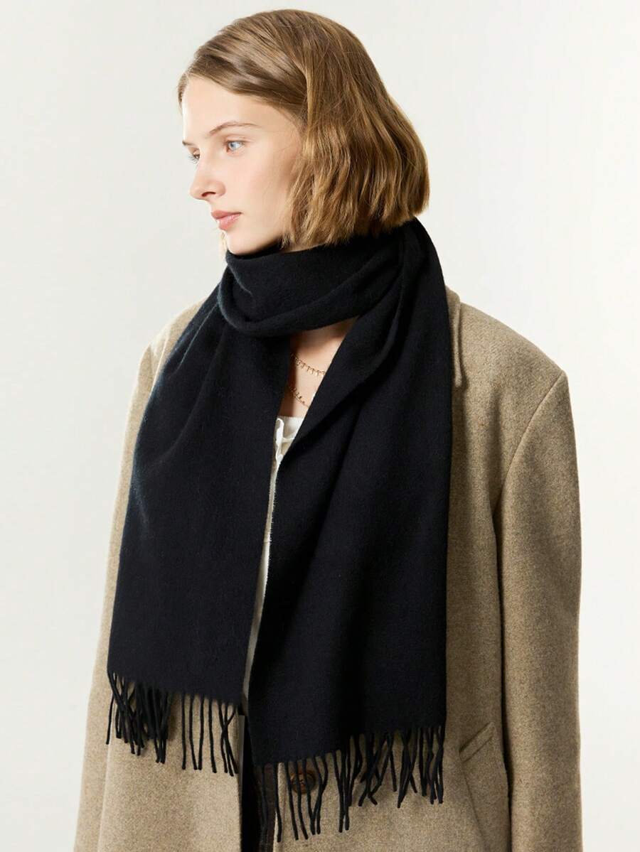 1条女士简约纯色常规流苏仿羊绒围巾，优雅时尚的秋冬季保暖围脖，适合换季、日常佩戴，防风保暖。 - 黑色 - 查看 1