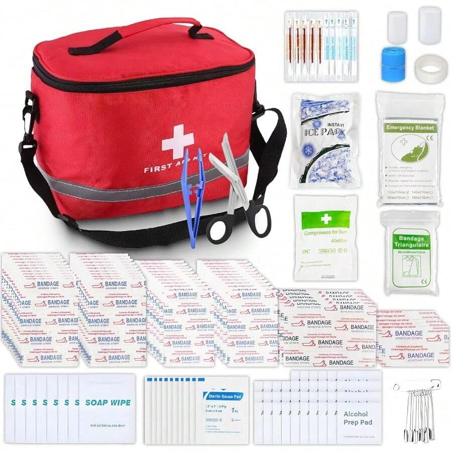 400 Piezas botiquin de primeros auxilios PortatilFirst Aid Kit Compacto Portatil e Impermeable Éste kit primeros auxilios Adecuado para El Hogar Oficina Automovil Viajes Camping Paseos en Bote. Rojo Grande - Rojo - Ver 1