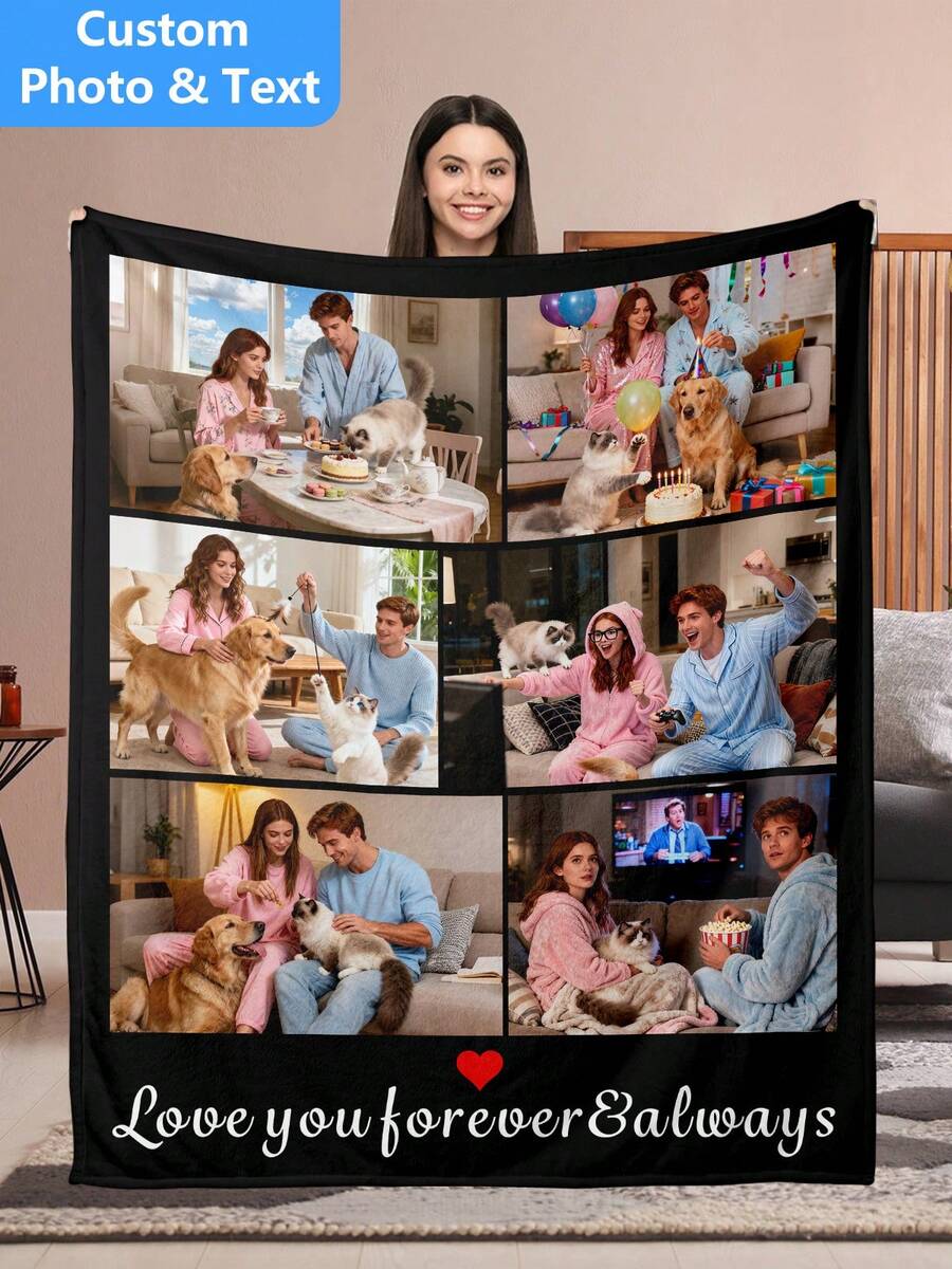 Custom Personalized Photo Flannel Blanket, Customize Your Own Picture Wedding Couple Family Throw Blanket With Any Photo, Soft Flannel Throw Blanket Digital Printing, 280gsm, All-Season Comfort Polyester Blankets Great Gift For Friend, Family, Wedding, Birthday,Warm,Soft,Comfortable,Cozy Personalized Ideal Gifts For Him,Her,Boyfriend,Girlfriend,Dad,Mom,Family,Friends,Pets ,For Anniversaries,Valentine's Day,Mother's Day,Birthdays,Father's Day,Weddings,Graduation,Christmas,Housewarming Sofa,Bed,Car,Bedroom,Living Room,Office,Outdoor Camping,Beach,Wall Decoration - phong cách-4 - Xem 1