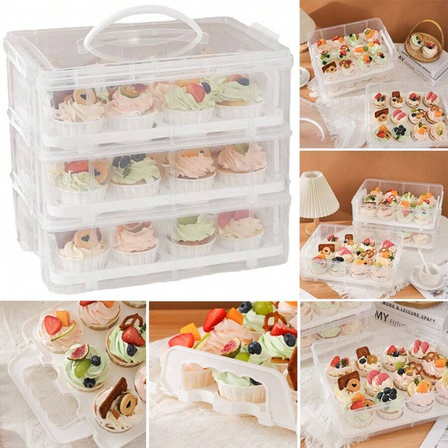 3 Tier Stackable Cupcake Carrier Box Muffin Cake Holder Plastic Clear Container - Clear - View 1