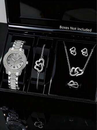 6 delar/set, damklocka, trendig, enkel och lyxig damklocka med silverlegering och diamantinfällning, matchad med halsband, armband, örhänge, ring, armbandsset, lämplig för vardagsbruk, present