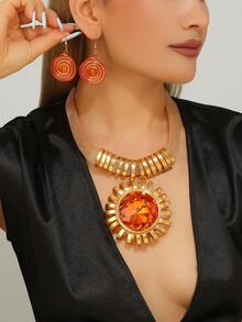 手工编织夸张多层铝丝波西米亚风欧美中东韩版晚宴派对假日女士项链耳环套装，镶嵌人造水晶 - 橘色 - 查看 3