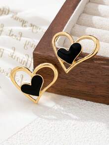 一对欧美风格手绘黑色珐琅镂空耳环，百搭饰品，适合感恩节、情人节等场合，女士适用。 - 金色 - 查看 3