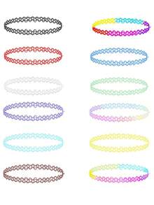 12 pièces/set Colliers ras-du-cou élastiques style bohème de plage, noir, rouge, multicolore. Bijoux personnalisés mode, convient pour hommes et femmes, port quotidien, anniversaire, Saint-Valentin, accessoires de fête. Convient pour le port quotidien et les festivals, toutes saisons, choix idéal pour les accessoires de vacances. - Multicolore - Voir 4