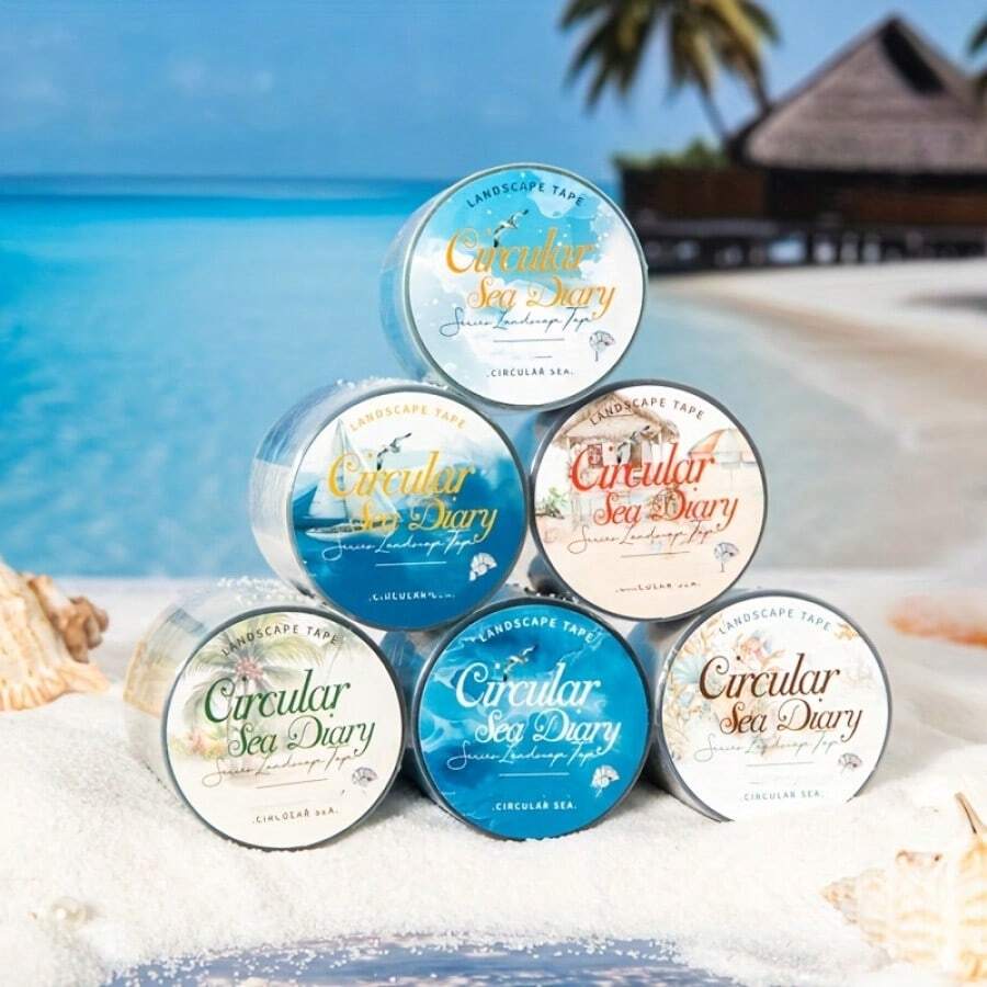 Bộ 6 cuộn băng dính Washi chủ đề bờ biển, bao gồm hình ảnh bãi biển, sóng biển, vỏ sò và họa tiết sao biển - Băng dính PET chống thấm nước màu xanh nhạt, xanh ngọc lam, vàng, trắng, nâu, be - Thích hợp cho sổ kế hoạch, đồ thủ công tự làm, gói quà - Băng dính trang trí bờ biển với họa tiết vỏ sò và hàng hải, hoàn hảo cho việc làm sổ lưu niệm và các dự án sáng tạo - Bộ 6 tập - Bộ truyện Nhật ký bên bờ biển - Xem 1