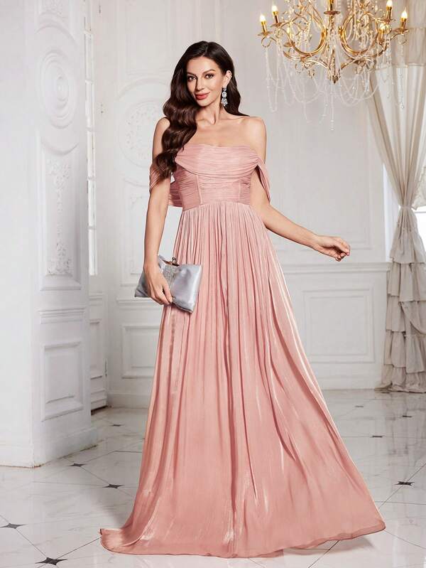UNITHORSE Off Shoulder Short Sleeve Backless Ruched Formal Evening Dress