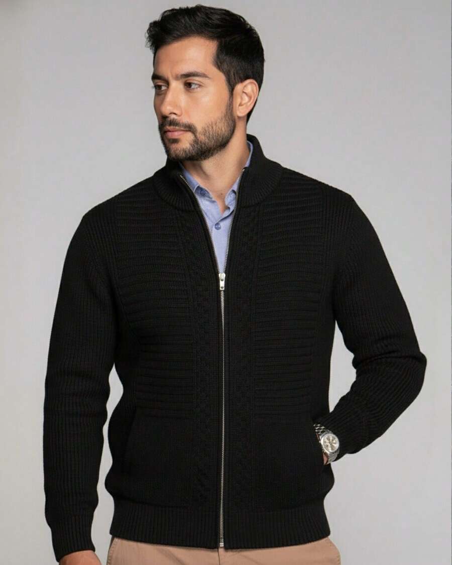 Men's Knit Jacket With Zipper, Men's Coat, Men's Winter Jacket - Black - View 1