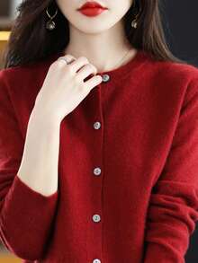 Cárdigan De Punto De Mujer, Cárdigan De Unicolor Con  Botón Delantero De Dama, Cárdigan De Punto Con Cuello  Redondo Para Mujer - Rojo - Ver 3