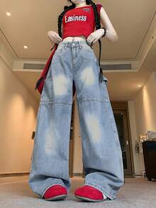 字母印花破洞直筒牛仔裤，新美式街头宽松版型 - 藍色 - 查看 2