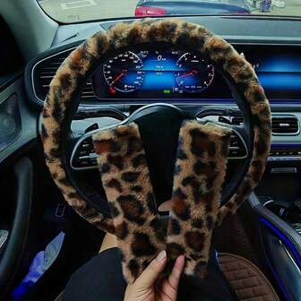 3pcs Leopard Print Plush Steering Wheel Cover Set, Fits D-Shape And Round Steering Wheels, Includes Vehicle Safety Belt Shoulder Pads, Comfortable For Winter, Easy Installation