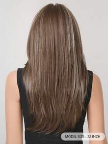 22 Inch Long Straight Synthetic Wig With Gray Base And Brown Highlights, Natural Appearance, Heat Resistant, Suitable For Women's Daily Wear, Parties And Fashion Styling - 彩色 - 查看 5