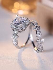 2pcs Stylish & Delicate Square & Cube Design White Cubic Zirconia Ring Set, Suitable For Women To Wear On Weddings, Banquets, Parties - White - View 12