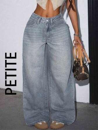 Pantalones vaqueros de pierna ancha y corte holgado con bolsillos para uso diario para mujeres de talla pequeña