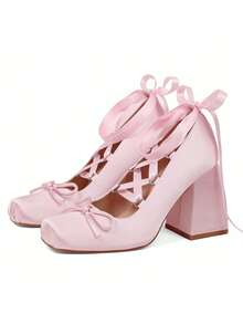 Ballet Mary Janes High Heels For Women Square Toe Satin Lace Up Ballerina Stiletto Heels With Bow Elegant Wedding Party Pump Heels For Women  - a粉紅色 - 查看 2