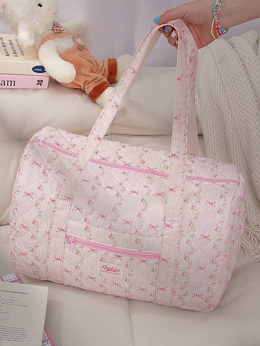 1Pc Large Capacity Travel Bag Lightweight Luggage Bag Fashion Floral & Bow Print Quilted Korean Ins Style Ditsy Handheld Crossbody Boston Bag Duffel Bag Girls Weekend Bag Short Trip Tote Bag Girls Travelling Bag Shoulder Bag Girls Sport Bag, Mummy Bag, Yoga Bag Multi-Functional Handbag Suitable For Ladies And Girls, Mom Gifts, New Year Gift, Back To School Gifts - Hồng - Xem 1