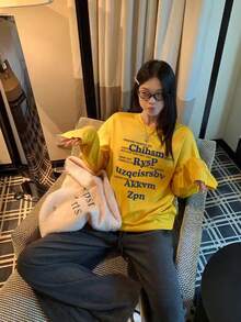 美式休闲字母印花长袖T恤，女士百搭上衣，秋冬季 - 黃色 - 查看 8