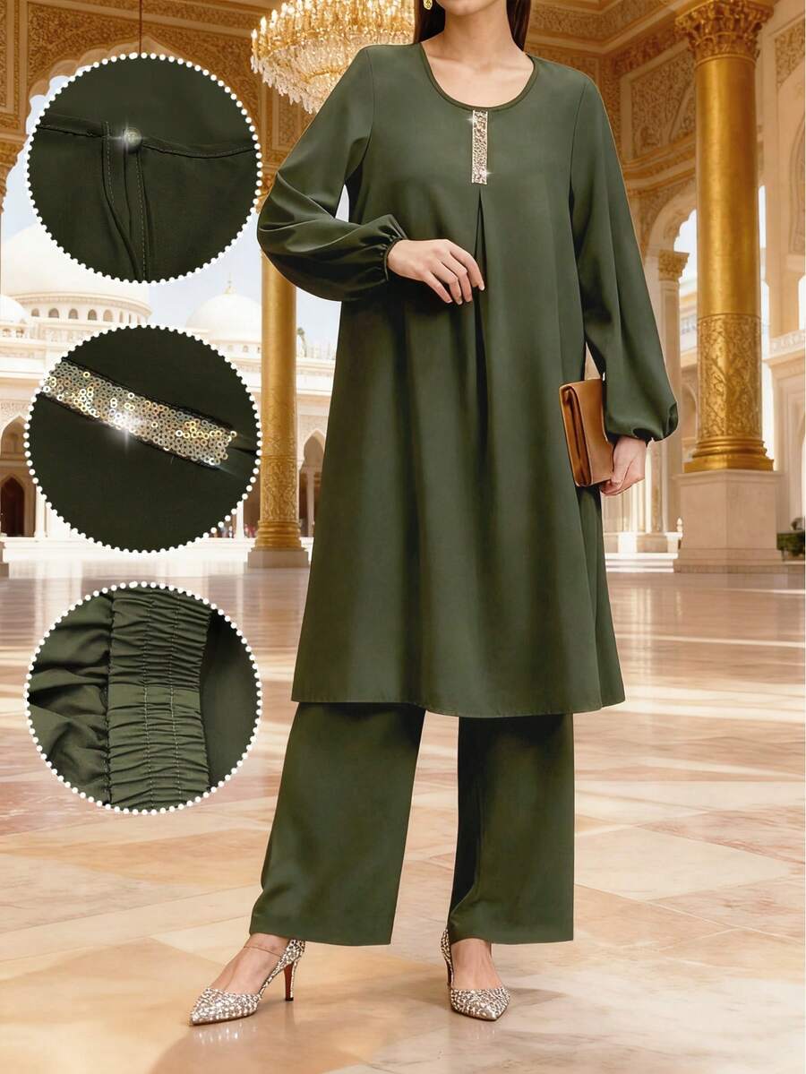 2pcs Women Ramadan Abaya Top And Wide Leg Pants Set, Moroccan Ramadan Robe - Army Green - View 1