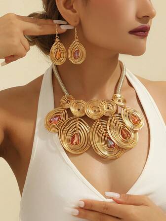 Handgjord överdriven flerskiktad aluminiumtrådvävd bohemisk europeisk och amerikansk mellanösterneuropeisk koreansk version kvällsfest högtid kvinnors kedjehalsband örhängen med konstgjorda kristaller