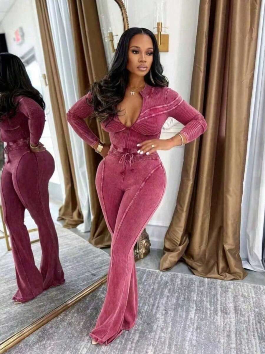 Sports Women's Washed, Stir Fried, Used, Spliced, Casual And Fashionable Set - Màu Đỏ Sâu - Xem 1