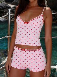 Women's Valentine's Day Heart  Bow Print Pajama Set - Spaghetti Strap Crop Top With Shorts - Flirty Sweet Loungewear - 降紅色 - 查看 2