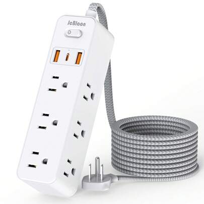 JcBlaon Regleta con protector contra sobretensiones, cable de extensión de 5 pies, 9 tomas con 3 puertos USB (1 toma USB C), extensor de toma de 3 lados, montaje en pared para viajes, hogar, escuela, dormitorio universitario y oficina