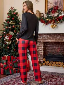 Christmas-Themed Pajama Set With Santa Claus, Snowman, And Gingerbread Man Patterns, Plaid Pants, Suitable For Women To Wear During Christmas - Multicolor - View 6