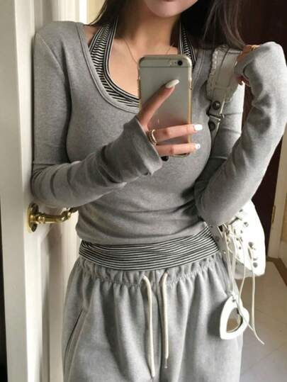 女士纯色条纹休闲套头衫，百搭长袖T恤，适合叠穿，适合各种场合，秋冬季