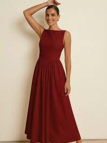 MODA MO, REF: H978 Women's Dress, Long Dress, Sleeveless, Round Neckline, High Waist, Open Back, Dress With Zipper, Slim Fit, A-Line Dress, Elegant, Modern, Lightweight, Comfortable, Versatile, Refined Look, Casual Chic Dress, Dress For Events, Sophisticated Look, Summer Dress, Quality Finish, Feminine Style. - 酒紅色 - 查看 2