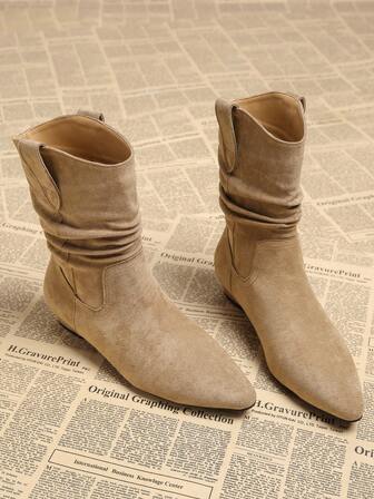 Pointed Toe Chunky Heel Ankle Boots For Women, Slip-On Design, Autumn New Arrival, Super Popular