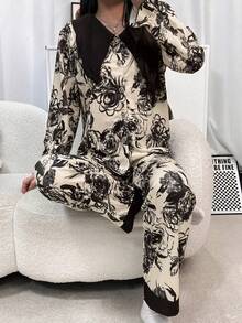 Bộ đồ ngủ nữ 2 món, áo dài tay và quần, thích hợp cho mùa xuân/thu, áo khoác cardigan cổ chữ V in hình bướm và nhuộm tie-dye, bộ đồ mặc nhà thời trang. - Đen và trắng - Xem 4