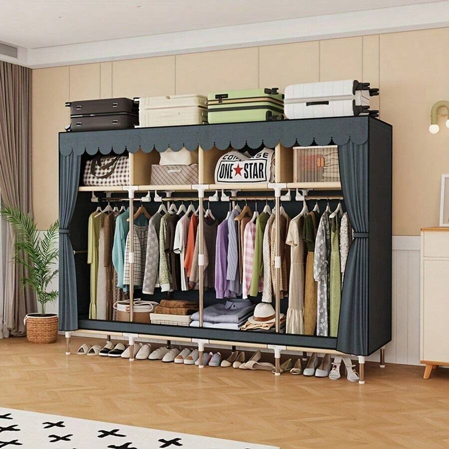 A Large-Capacity Dustproof Simple Wardrobe With 6 Storage Spaces, Suitable For Families, Bedrooms, Rental Houses, International Students, And Various Storage Scenarios. - 灰色 - 查看 1