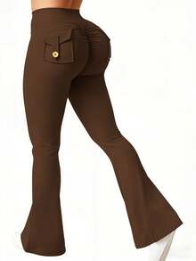 6pecil Women's Outdoor Flared Pants With Pockets, Women's Tight Fit Sports Leggings Butt Lifting Yoga Pants, Chocolate Brown