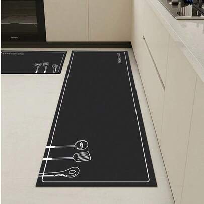 【热销！】1 件装软橡胶厨房地垫，3.5 毫米厚，纯黑色餐具图案，简约时尚风格，吸水性强，可裁剪以适应厨房尺寸，表面织物材质，中间海绵层，底部橡胶层，适用于厨房地毯、厨房装饰、婚礼装饰、家居装饰、浴室地垫、玄关地垫、洗衣房地垫、走廊地毯、客厅地垫等。