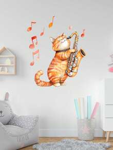 1 pieza Lindo adhesivo de pared de gato de dibujos animados naranja - Calcomanía autoadhesiva de PVC, adecuado para dormitorio, oficina o dormitorio - Diseño moderno y juguetón, decoración de dormitorio | Diseño de gato juguetón | Fácil de instalar, decoración de gato - Multicolor - Ver 10