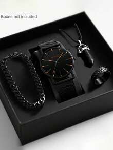 4/1 Set, Reloj de cuarzo de negocios minimalista de moda para hombres con pantalla de puntero, reloj de lujo con diseño de esfera simplista, juego de joyería de 3 piezas que incluye collar, pulsera y anillo, adecuado para negocios, reuniones, fiestas, mantenimiento de la hora y como regalo para diversas ocasiones