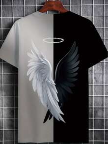 Men's Color-Block Angel Wings Pattern T-Shirt - Half Black Half White Contrast Design, Casual Regular Fit Crew Neck Top, Machine Washable Bold Fashion Statement Shirt, Digital Print Street Style, Soft Material, Exclusive For Streetwear Enthusiasts - 混合色 - 查看 4