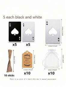 Bộ 40 dụng cụ khui chai hình lá bài Poker, bao gồm (5 dụng cụ khui chai hình Spade A màu đen + 5 dụng cụ khui chai màu bạc), 10 túi Organza, 10 thẻ cảm ơn, 10 dây thừng, dành cho phù rể, đám cưới, tiệc sinh nhật, quà tặng cô dâu - Nhiều màu - Xem 10